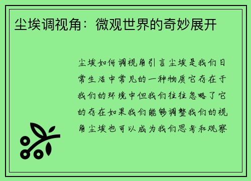 尘埃调视角：微观世界的奇妙展开